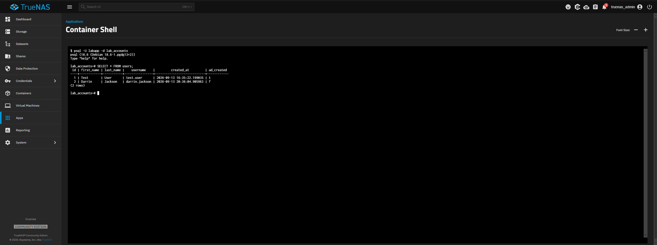 PostgreSQL showing the web-created account with AD provisioning still pending